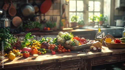 Mientras el sol de la tarde se filtra por la cocina, una cornucopia de vegetales coloridos aguarda el toque de un chef; un vibrante testamento a la variedad de la naturaleza. photo