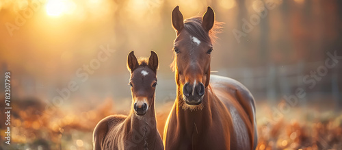 Horse and Foal  Horses are majestic hoofed mammals known for their strength  speed  and versatility. Foals are young horses  often sticking close to their mothers for protection