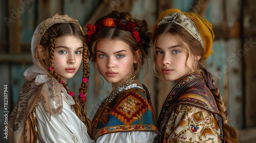 Women of Romania. Women of the World. Three young girls in traditional folk costumes pose for a portrait with a rustic background.  #wotw