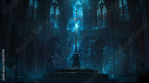 En el silencio sagrado de una catedral antigua, una espada pulsante con luz de estrellas se erige como un centinela atemporal, su energía radiante arrojando un resplandor celestial sobre las piedras. photo