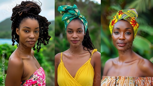 Women of Saint kitts and nevis. Women of the World. Group of smiling African women wearing colorful traditional headwraps and dresses posing together.  #wotw photo