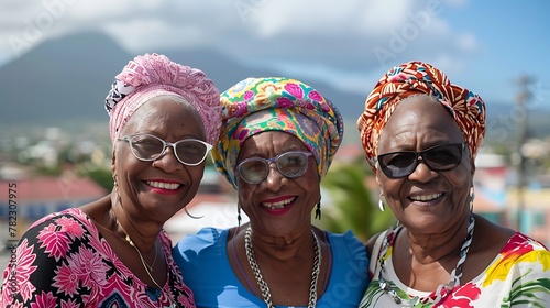 Women of Saint kitts and nevis. Women of the World. Three joyful elderly women with colorful headscarves smiling together with a mountain and clear sky in the background. #wotw photo
