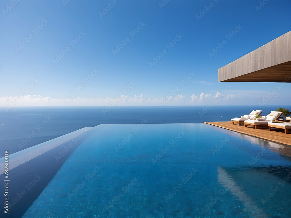 Obraz premium Luxurious Infinity Pool Overlooking the Ocean with a Clear Blue Sky at a Modern Resort design.