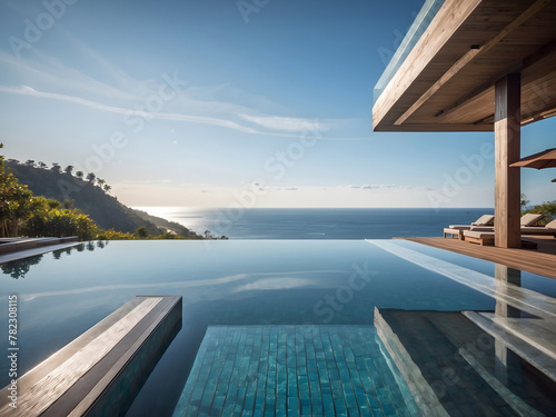 Luxurious Infinity Pool Overlooking the Ocean with a Clear Blue Sky at a Modern Resort design.