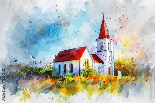 Watercolor artwork of a church with vivid splashes of paint and a bright sky.