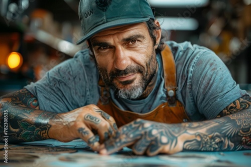 A heavily tattooed male artist concentrates while working on a detailed sketch in a workshop photo