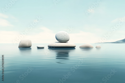 A rock is floating on the water. The rock is surrounded by other rocks. The scene is calm and peaceful