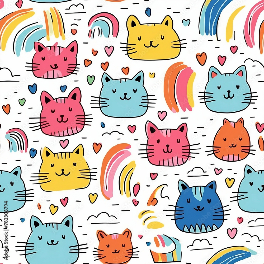 Seamless pattern of cats with hearts and rainbows.