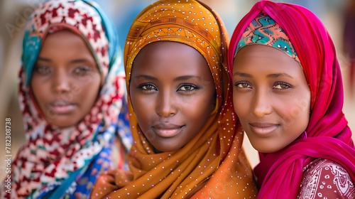 Women of Somalia. Women of the World. Three young African women wearing colorful headscarves look towards the camera with confident smiles. #wotw