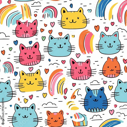 Obraz na płótnie Seamless pattern of cats with hearts and rainbows. w salonie