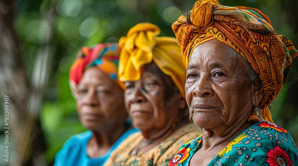 Women of Suriname. Women of the World. Three elderly African women wearing colorful headscarves and traditional clothing are looking ahead with expressions of wisdom and resilience.  #wotw