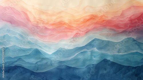 A painting of a mountain range with a blue and pink sky. The painting is full of color and has a sense of movement