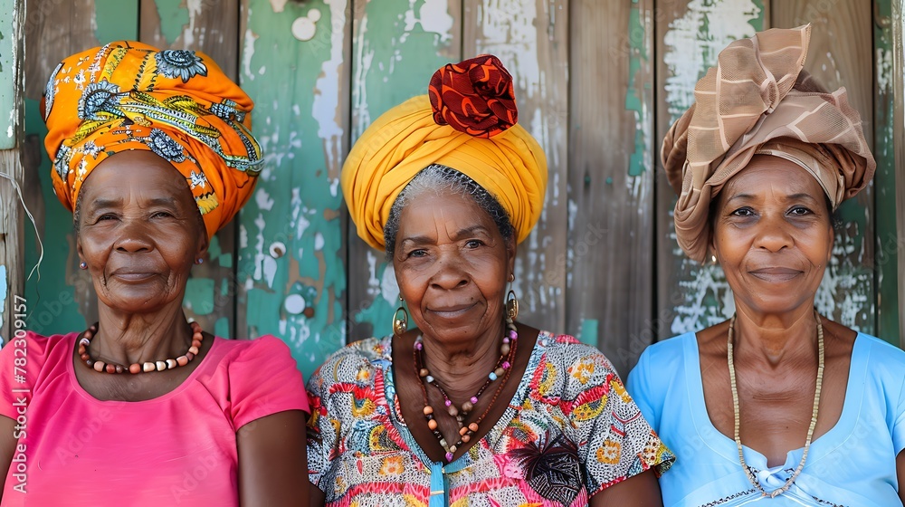 Women of Trinidad and tobago. Women of the World. Three elderly women with colorful headscarves smile gently in front of a rustic wooden background.  #wotw