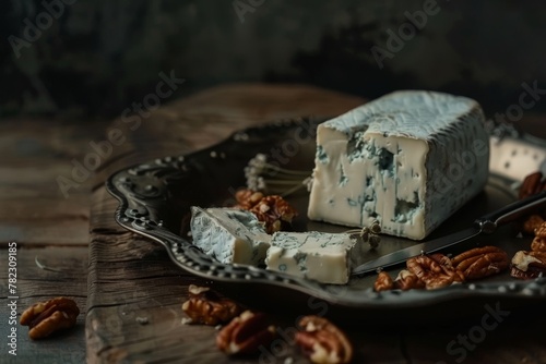 Blue cheese and nuts on a metal tray wooden table dark background