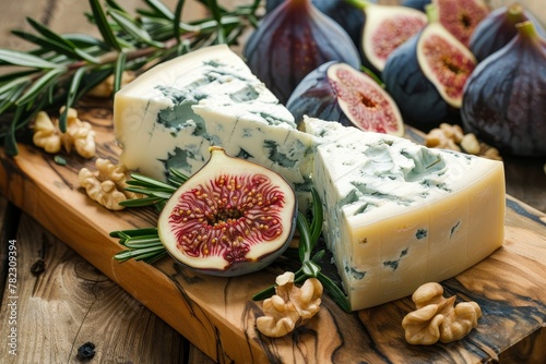 Blue cheese figs walnuts rosemary on wood table