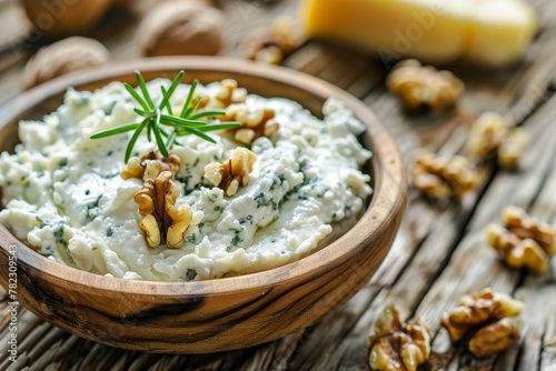 Blue cheese spread on wood background with walnuts Focus on wood © LimeSky