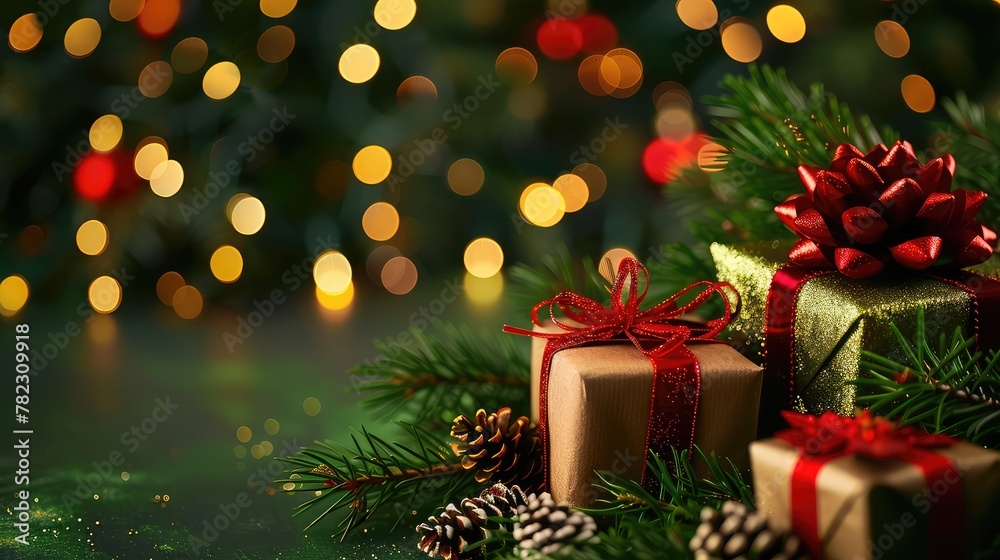 Festive Greeting: Presents Under the Christmas Tree with Decorative Lights on a Green Background Festive Greeting: Presents Under the Christmas Tree with Decorative Lights on a Green Background