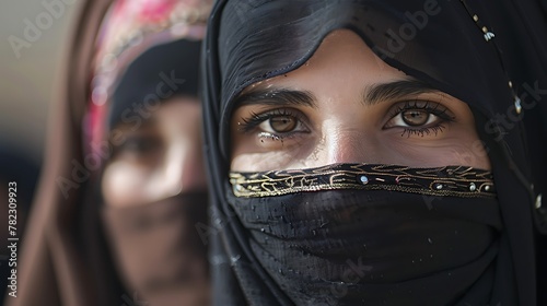 Women of Yemen. Women of the World. A young woman with her face partially covered by a traditional niqab, highlighting her expressive eyes, with another veiled woman in the background.  #wotw