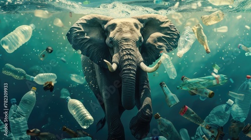 Plastic Pollution Underwater  An Elephant Swimming Amidst Discarded Plastic Bottles