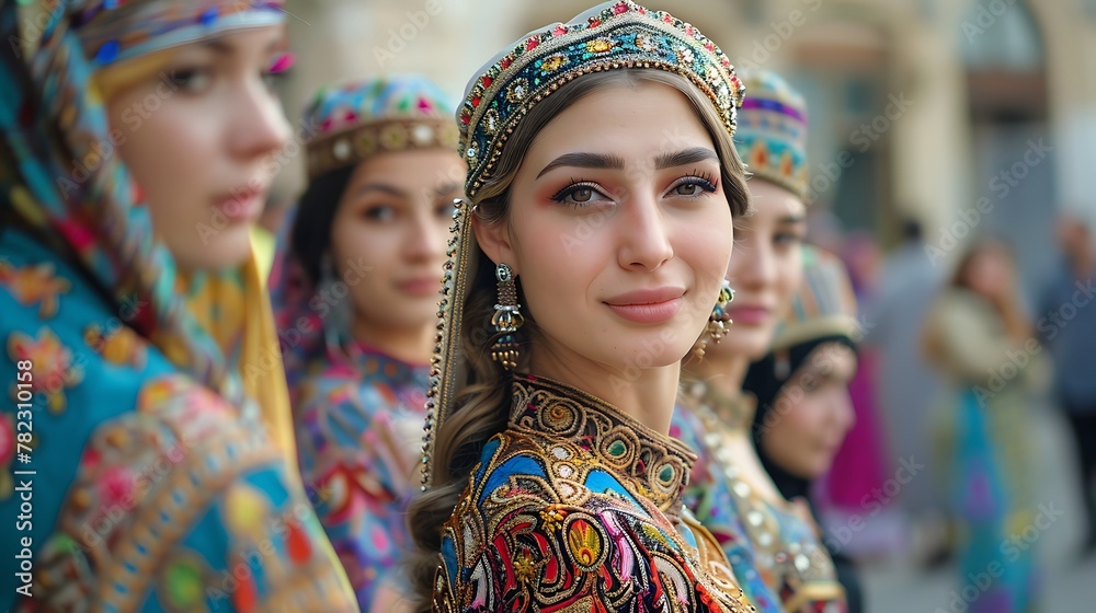 Women of Azerbaijan. Women of the World. Portrait of a woman in traditional vibrant attire standing in focus with others in soft focus in the background, showcasing cultural fashion and beauty.  #wotw