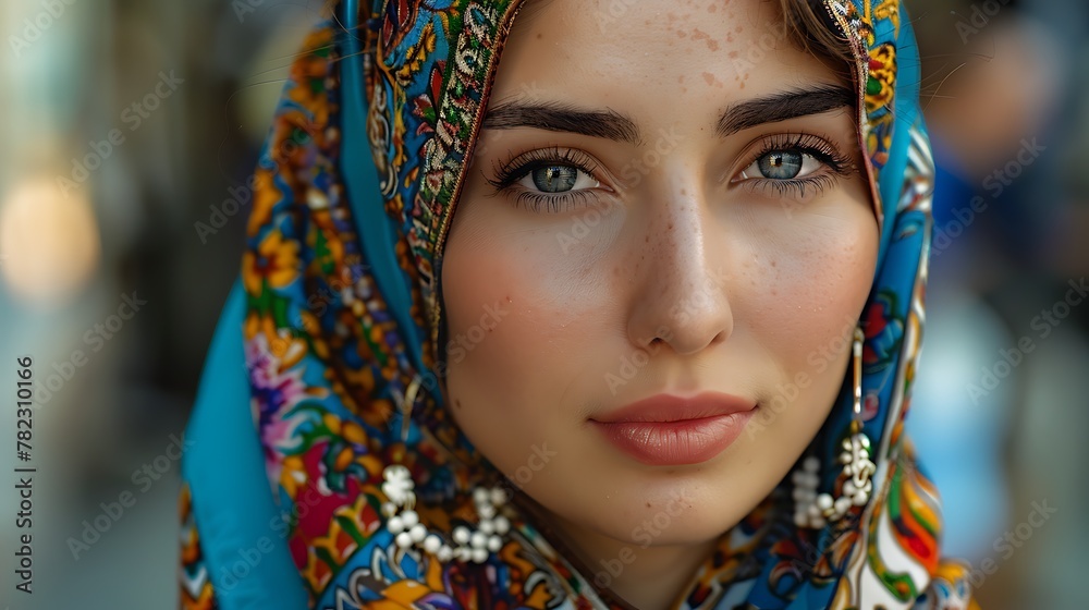 Women of Azerbaijan. Women of the World. A close-up portrait of a young woman with striking blue eyes, wearing a colorful headscarf and ethnic earrings, exudes cultural beauty and diversity.  #wotw
