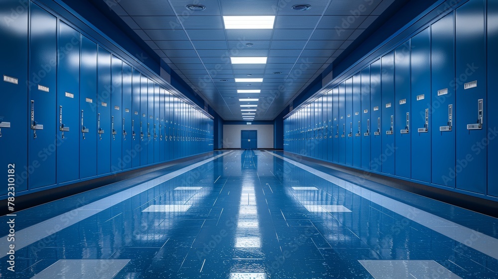 Digital Illustration of a Long School Corridor with Blue Lockers Generative AI