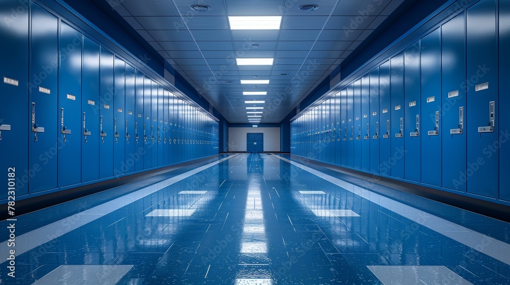 Digital Illustration of a Long School Corridor with Blue Lockers Generative AI Digital Illustration of a Long School Corridor with Blue Lockers Generative AI