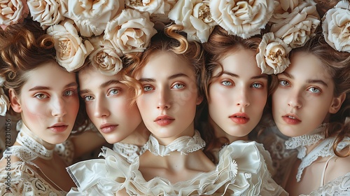 Women of Austria. Women of the World. A group of women with floral headpieces and vintage attire appear in a dreamy, artistic close-up portrait. #wotw photo