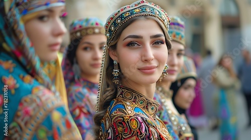 Women of Azerbaijan. Women of the World. Portrait of a woman in traditional vibrant attire standing in focus with others in soft focus in the background, showcasing cultural fashion and beauty.   wotw © Vivid Canvas