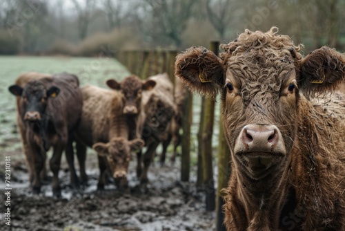 Brown curly coated cow among young herd near wooden fence mud ground