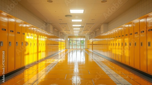 School Hallway with Vibrant Yellow Lockers and Clean Empty Walls Generative AI