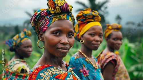 Women of Congo. Women of the World. Portrait of African women in colorful traditional clothing standing in a row with a focus on the woman in front, set against a green rural landscape.  #wotw photo