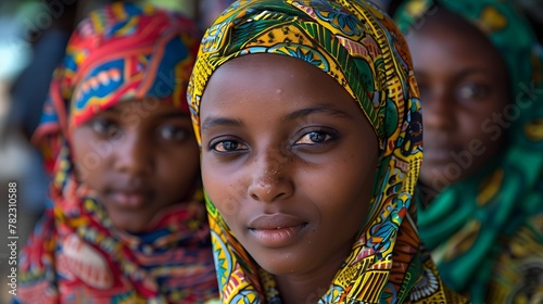 Women of Comoros. Women of the World. Three young women wearing colorful headscarves look towards the camera with cultural clothing in focus. #wotw