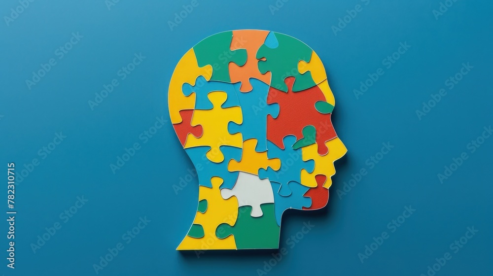 Human head in profile with colorful puzzle pieces, concept of mental health, psychotherapy, cognitive psychology, mental and brain illness.