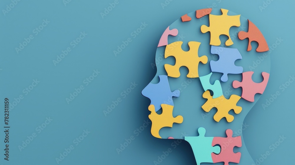 Human head in profile with colorful puzzle pieces, concept of mental health, psychotherapy, cognitive psychology, mental and brain illness. Human head in profile with colorful puzzle pieces, concept of mental health, psychotherapy, cognitive psychology, mental and brain illness.