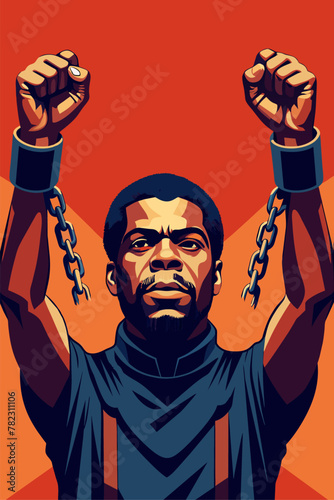 Illustrated african man raising broken shackles symbolizing liberation and the spirit of juneteenth