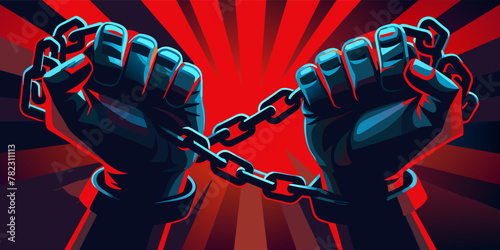 Powerful illustration of hands breaking free from shackles against a yellow background, symbolizing liberation