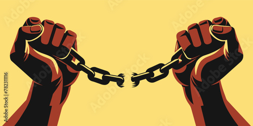 Symbolic representation of hands breaking free from shackles on a vibrant yellow backdrop, depicting freedom
