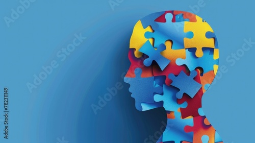 Human head in profile with colorful puzzle pieces, concept of mental health, psychotherapy, cognitive psychology, mental and brain illness.