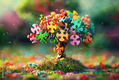 Tree with colorful puzzle pieces, colorful bokeh background, Autism Awareness Day.