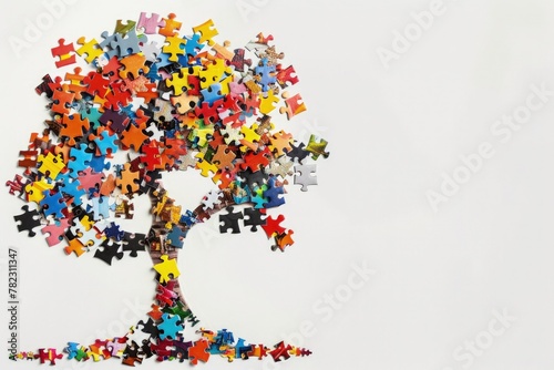 Tree with colorful puzzle pieces, white background, Autism Awareness Day.