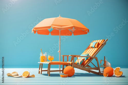 Orange beach chair with summer accessories on turquoise blue background design 3D Rendering, 3D Illustration photo