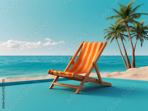 Orange beach chair with summer accessories on turquoise blue background design 3D Rendering  3D Illustration