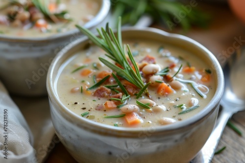 Cannellini bean soup with vegetables rosemary and pancetta photo