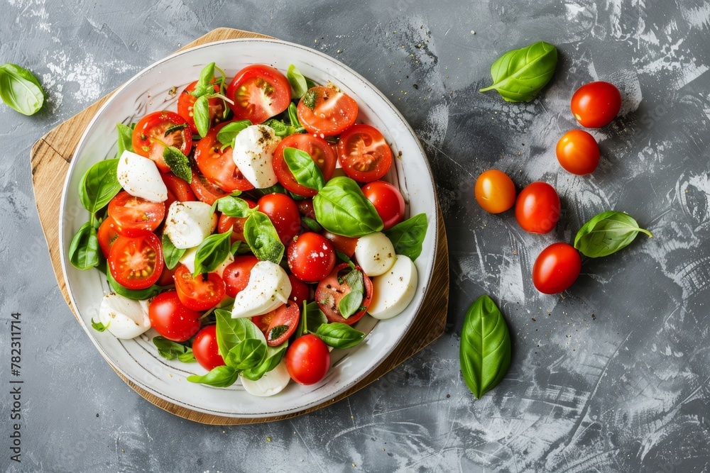 Caprese salad with cherry tomatoes mozzarella and basil on white plate Caprese salad with cherry tomatoes mozzarella and basil on white plate