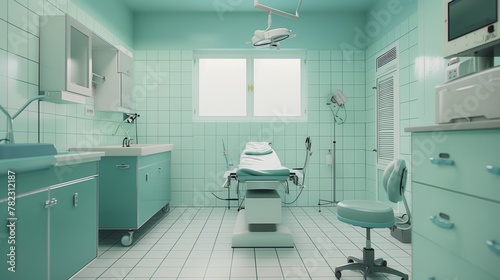 Empty operating room with surgical table and chairs for health care service