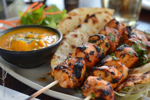 Chicken tikka kebabs with chapatti salad and mango chutney Indian style