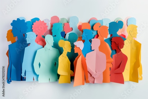 A group of diverse people in various colors, each representing different papers cut out figures on white background © SKIMP Art