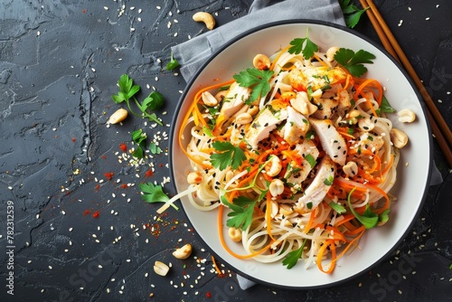 Chicken salad with rice noodles carrots and peanuts in Asian style