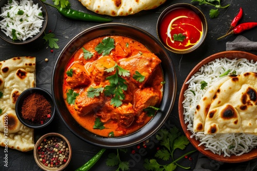 Chicken tikka masala with rice naan bread spices Popular Indian curry Traditional dish Top view Indian cuisine Close up